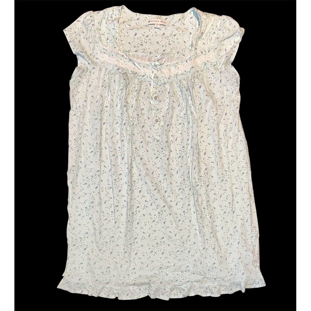 Eileen West Nightgown Floral Cap Sleeve Cotton Jersey Ballet Sz L Mint Green